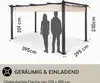 A diagram showing the dimensions of a garden pavilion with two human silhouettes for scale. Produktbild-Vorschau