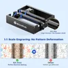 A product image showcasing a rotary roller attachment for a laser engraving machine, with comparative graphics illustrating its performance. Produktbild-Vorschau