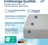 Marketing image for a premium fitted sheet, highlighting its quality, material composition, and certifications. Produktbild-Vorschau