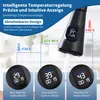 A close-up marketing image of a black kitchen faucet with a digital display showing water temperature, accompanied by diagrams and text explaining its features. Produktbild-Vorschau