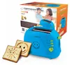 A blue toaster with two slices of toast, one with a smiley face and the other with a sun design, is shown in front of its packaging. Produktbild-Vorschau
