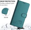 A teal flip case for a Samsung Galaxy J3 2017 with a cute cat design is shown, with text overlays highlighting its drop protection features and anti-fall capabilities. The case is placed on a cracked white surface, suggesting it protects against drops. Náhled obrázku produktu