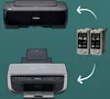 A collage showing two Canon printers and two ink cartridges, with arrows indicating compatibility or replacement. Produktbild-Vorschau