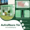 A green greenhouse with plants inside, shown outdoors on grass, with close-up feature callouts. Produktbild-Vorschau