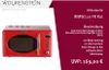 A red retro-style microwave oven is shown next to marketing text describing its features and price. Podgląd zdjęcia produktu