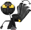 A black bicycle child seat with yellow accents, shown from the side. A close-up inset shows the mounting mechanism. Arrows indicate the seat's recline adjustment. Náhled obrázku produktu