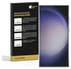 A product box with installation instructions for a screen protector next to a smartphone with a screen protector applied. Produktbild-Vorschau