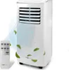 A white portable air conditioner with a remote control, shown with visual effects indicating airflow and leaves. Podgląd zdjęcia produktu