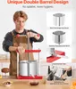 A man is demonstrating a fruit wine press, with close-up shots of its components and features. Produktbild-Vorschau