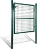 A green metal garden gate is shown in an open position, attached to a post on the left and a post on the right. The gate is made of wire mesh within a metal frame and has a latch mechanism. Podgląd zdjęcia produktu