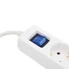 A close-up shot of a white power strip with a blue on/off switch. Produktbild-Vorschau