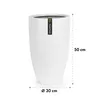 A white, tall, oval-shaped planter pot with a brand label on it, shown against a white background with measurement indicators. Produktbild-Vorschau