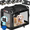A golden retriever dog is inside a black foldable dog crate. The crate is shown with a blue collapsible bowl and a small gray bag. Several smaller dog crates are shown in the background. Produktbild-Vorschau