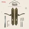 A product image showcasing a pair of antique gold door handles with accompanying hardware, presented against a light beige background with decorative elements. Produktbild-Vorschau