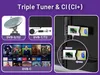 Collage of images showing satellite dish, antenna, and streaming service interface, along with a close-up of CI+ modules inserted into a device. Podgląd zdjęcia produktu