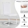 A white chair with chrome legs is shown, with text and icons describing its features. Produktbild-Vorschau