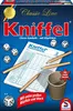 The image shows the packaging of the board game Kniffel, along with some of its components like dice, pencils, and a score sheet. Anteprima dell’immagine prodotto