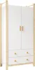 A white wardrobe with wooden accents and two drawers, shown from the front. Voir les images du produit