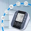 A digital blood pressure monitor with feature callouts and text descriptions. Produktbild-Vorschau