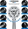A shower head with multiple spray modes illustrated with diagrams and text. Produktbild-Vorschau