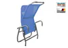 A blue garden lounger is shown from the back, folded. There are two logos in the top right corner. Produktbild-Vorschau