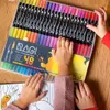 Children's hands interacting with a set of dual-tip marker pens, with a coloring book in the foreground. Produktbild-Vorschau