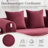 A close-up view of a red corduroy sofa with decorative pillows and marketing text highlighting its features. Produktbild-Vorschau