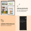 A collage of images showing a retro-style black refrigerator, its interior, and marketing text highlighting its features and environmental friendliness. Produktbild-Vorschau