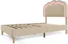 A beige upholstered bed frame with a scalloped headboard featuring pink LED lighting, shown against a white background. Náhled obrázku produktu