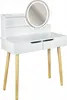 A white vanity table with a round LED mirror and wooden legs, set against a white background. Produktbild-Vorschau