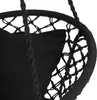 A close-up view of a black hanging chair with a woven net pattern and a black cushion. Voir les images du produit