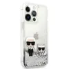 A clear, studio shot of a phone case with glitter inside, featuring Karl Lagerfeld figures and a cat. Produktbild-Vorschau