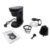 A black coffee maker and its accessories are laid out on a white background. Produktbild-Vorschau