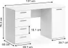 A white desk with drawers and dimensions indicated by measurement lines and text. Produktbild-Vorschau