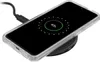 A smartphone in a transparent case is placed on a black wireless charging pad, connected by a black cable. The phone screen displays a charging animation with '63%' indicated. Produktbild-Vorschau