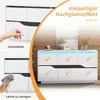 Collage showcasing a white and black high-gloss sideboard with LED lighting and features like peel-off protective film and ease of cleaning. Voir les images du produit