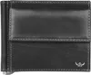 A black leather wallet with a money clip is shown against a white background. Produktbild-Vorschau