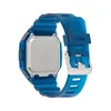 The back of a blue digital watch with a silver metal casing. Produktbild-Vorschau