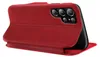 A red flip cover case for a smartphone is shown from a side angle, with the phone partially inserted. Produktbild-Vorschau