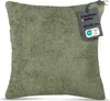 A green chenille cushion cover with a tag attached. Produktbild-Vorschau