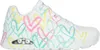 A side view of a white Skechers sneaker with a colorful heart pattern. Produktbild-Vorschau
