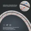 A close-up of a braided stainless steel hose with red and blue markings, against a dark gray background, with text describing its features. Podgląd zdjęcia produktu