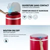 A split image showing a red automatic trash can with its lid open and a hand reaching towards it, and a close-up of the lid with a finger pressing a button. Produktbild-Vorschau