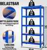 A blue metal shelving unit with MDF shelves, shown with weight indicators and dimensions. Produktbild-Vorschau