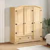 A wooden wardrobe with three doors and a drawer, set against a light gray wall. Produktbild-Vorschau