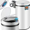 A collage of images showcasing a white sensor trash can with its lid open and closed, along with smaller trash cans and a USB charging cable. Produktbild-Vorschau