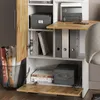 A close-up view of a white and wood-tone desk with various office supplies and storage boxes. Anteprima dell’immagine prodotto