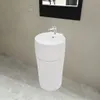 A white ceramic pedestal sink with a chrome faucet is shown in a bathroom setting with marble-like flooring and a neutral-colored wall. Produktbild-Vorschau