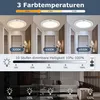 Collage showing different color temperatures and brightness levels of a ceiling light, with a remote control and a living room scene. Produktbild-Vorschau