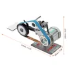 A metal belt sander with a blue sanding belt and motor, shown on a white background with dimensions indicated by orange lines and text. Voir les images du produit